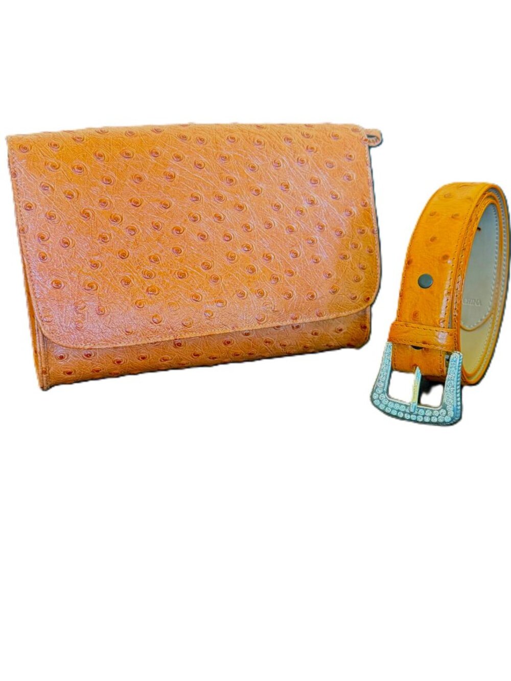Tan leather embossed ostrich 4-way bag and matching belt - NEW